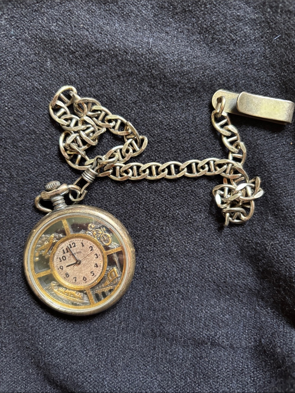 Fossil Gold-Tone Open-Face Pocket Watch with Chain